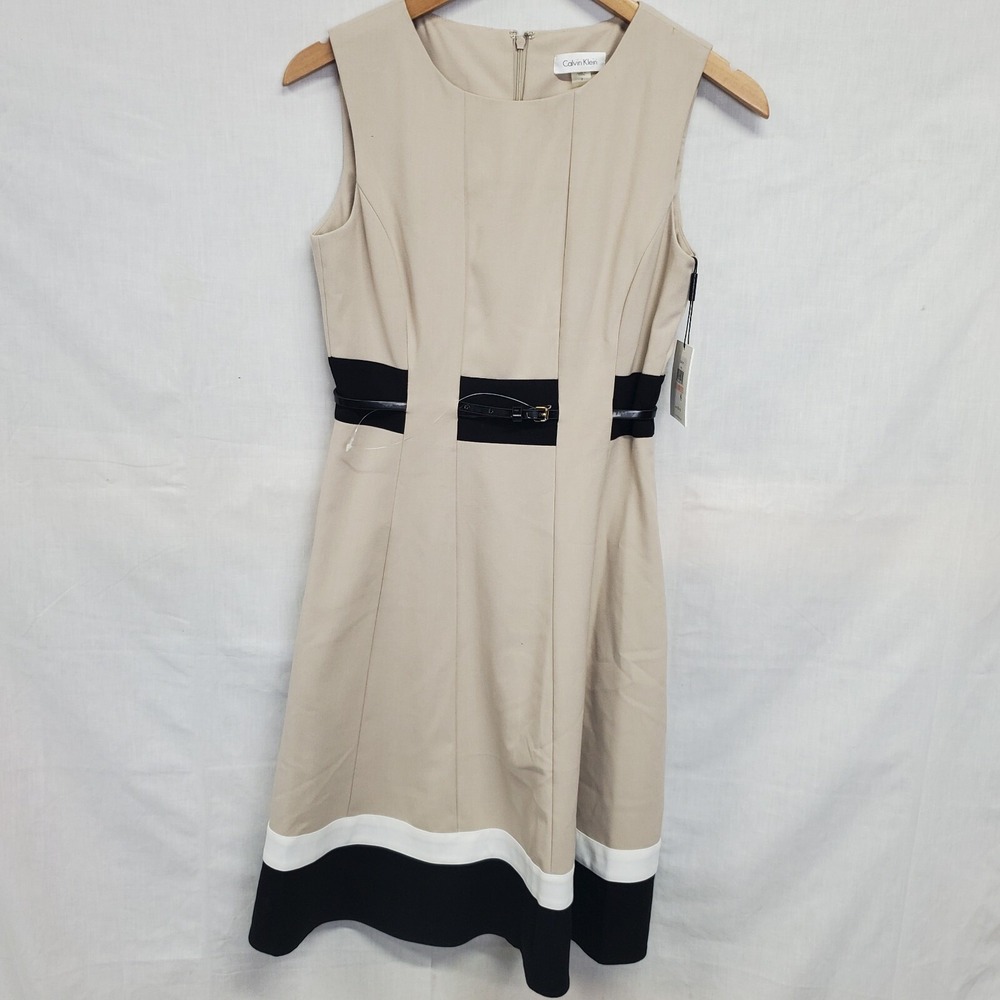 Calvin Klein Size 2 Color Block Belt Fit and Flare Dress Tan Sleeveless Womens
